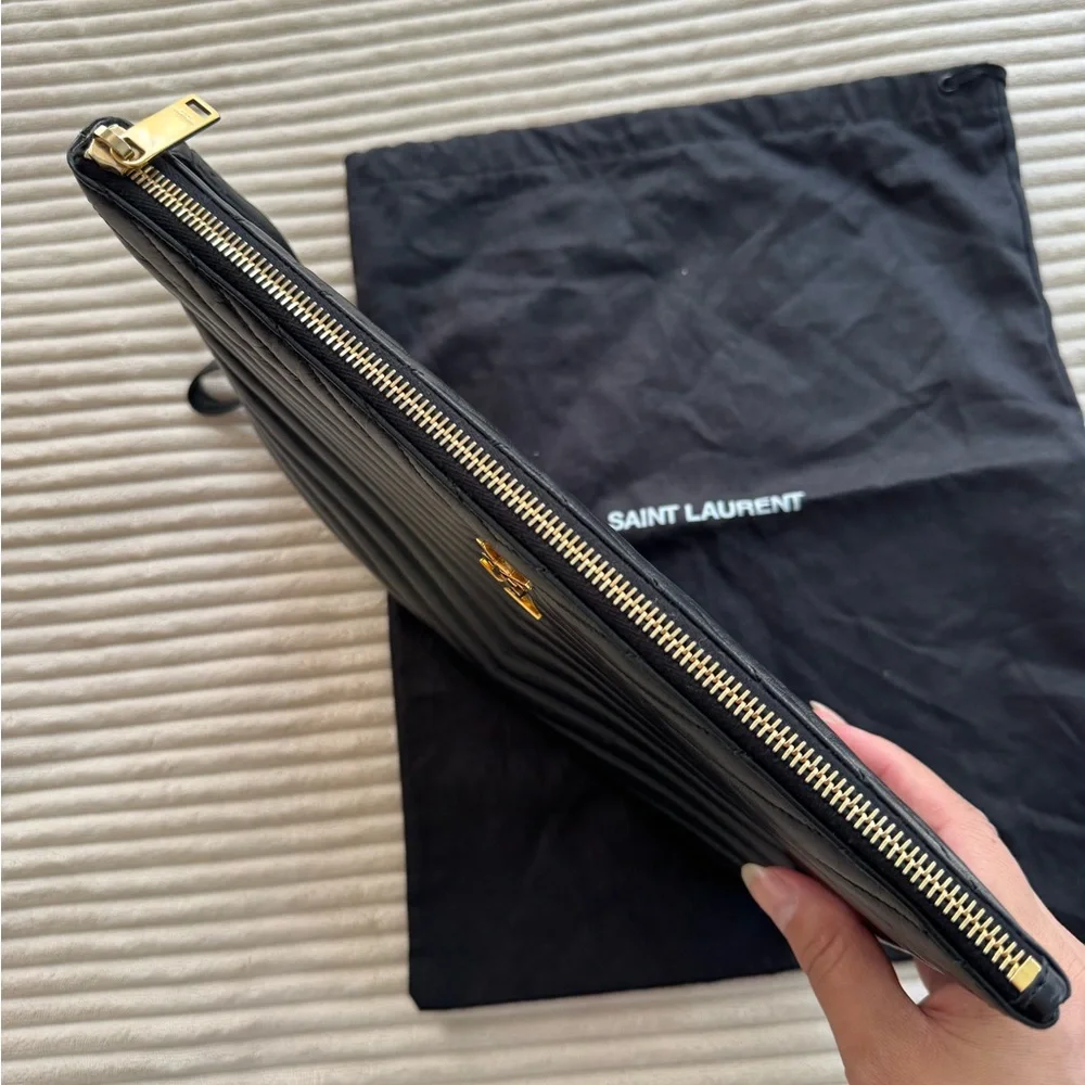 Saint Laurent Black Quilted Chevron Leather Wristlet with Gold YSL Logo - Picture 4 of 16
